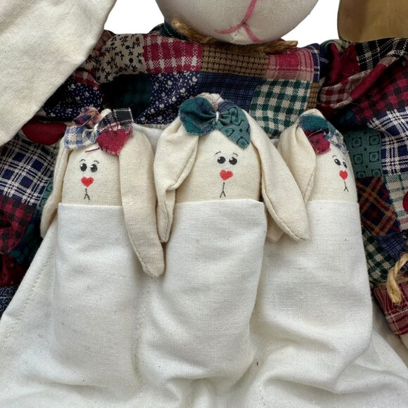 Handmade Patchwork Bunny Doll With Three Baby Bunnies In Apron 18" Plush Decor - Picture 3 of 13